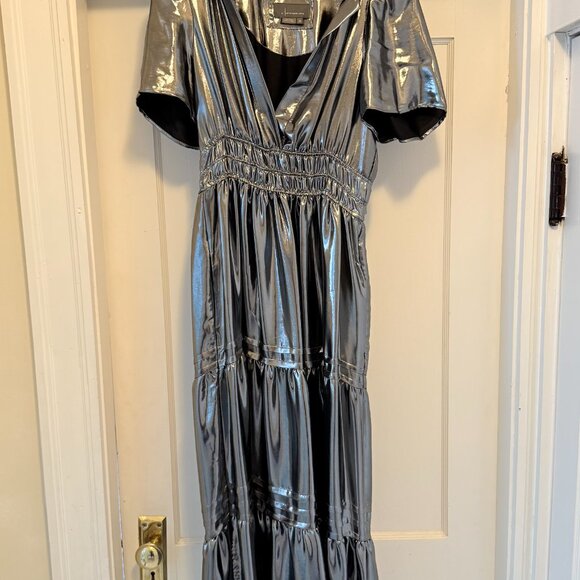 Anthropologie The Somerset Maxi Dress Metallic Edition Tiered Smock Silver XS - Picture 4 of 5